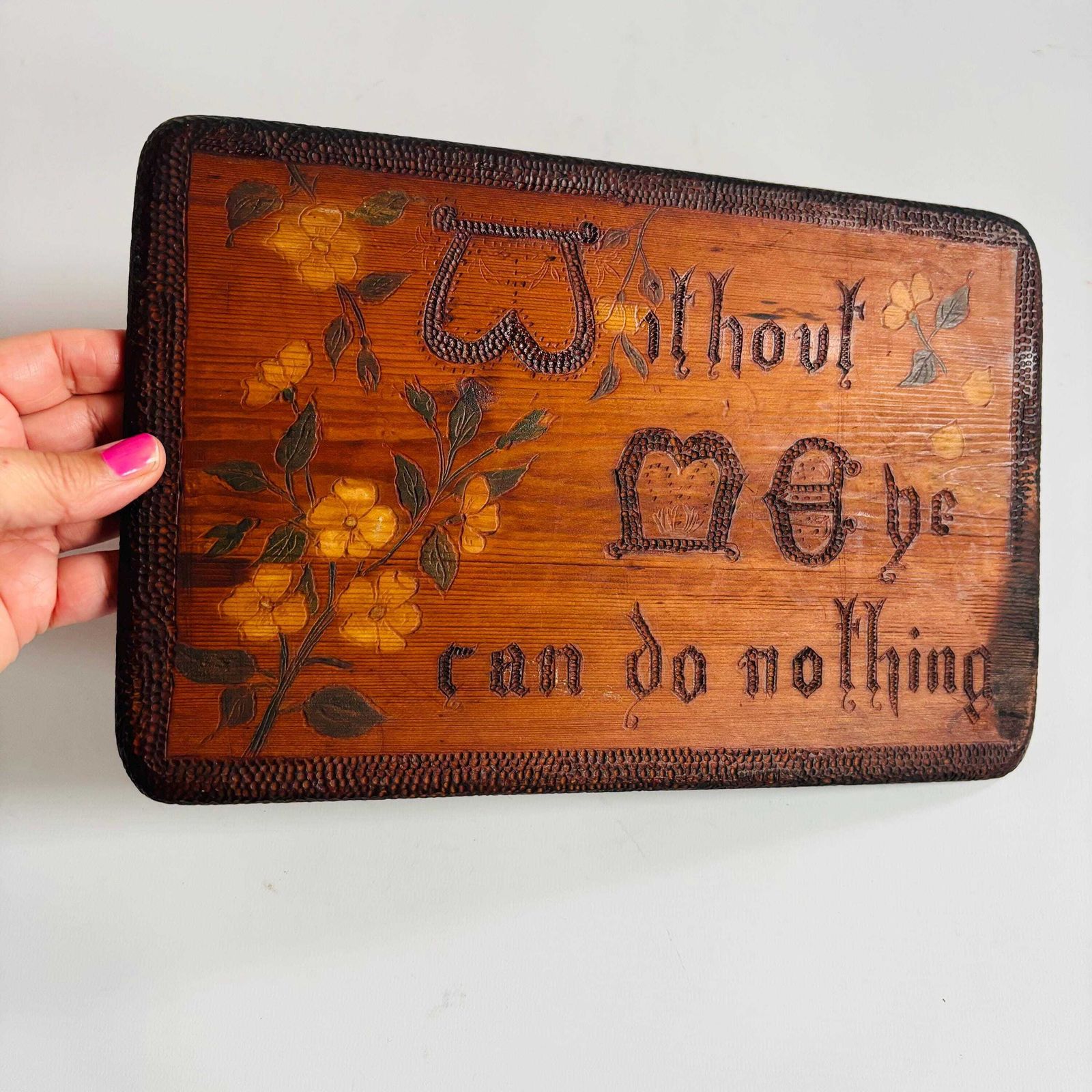 Rare Antique 1903 Pyrography Wood Art: 'Without Me' Folk Picture photo furniture