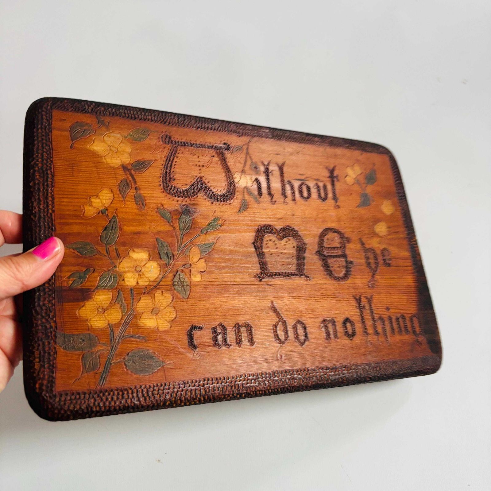 photo for sale Rare Antique 1903 Pyrography Wood Art: 'Without Me' Folk Picture