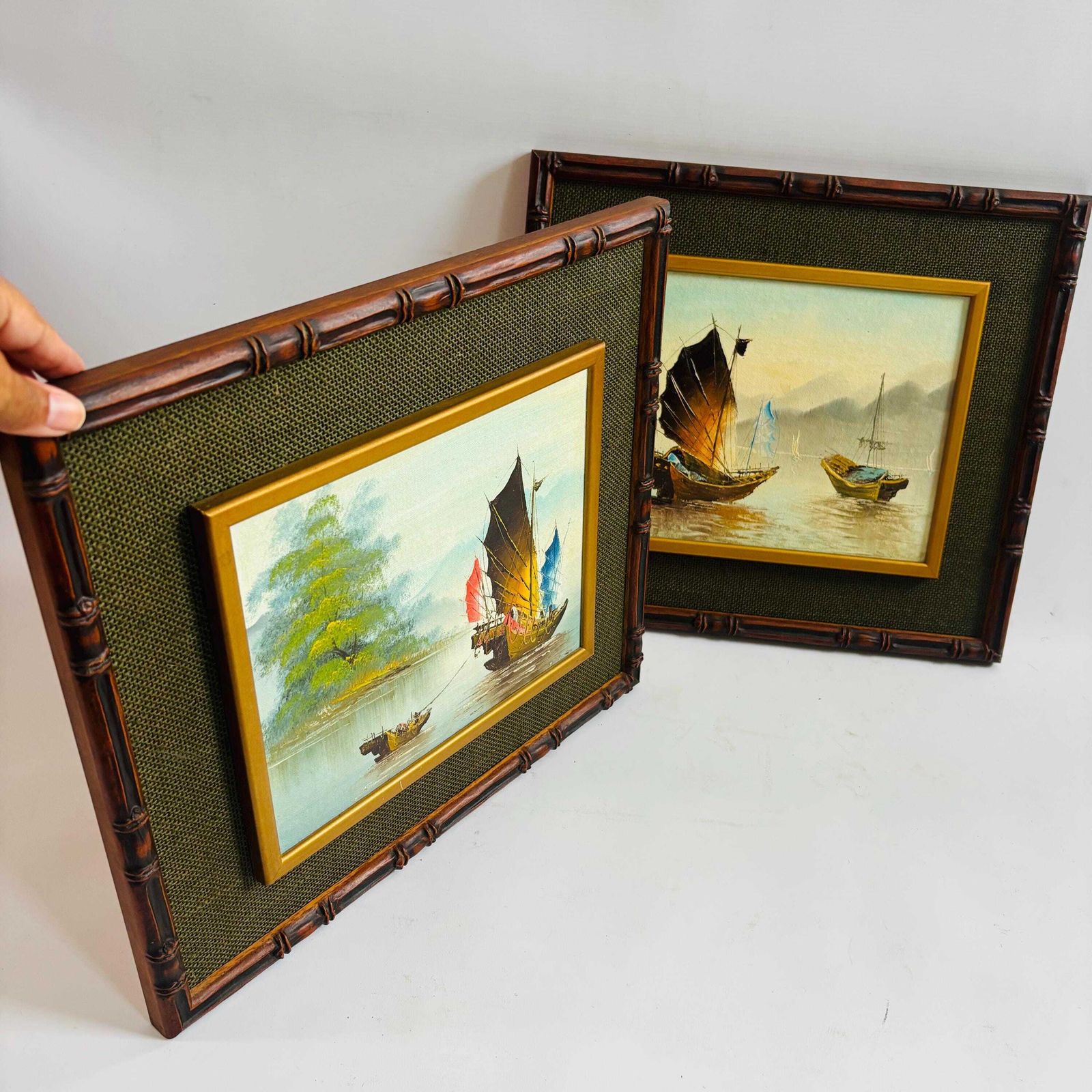Vintage Chinese Junk Boat Oil Painting Pair: 1960s Seascape, Faux Bamboo Frame photo vintage