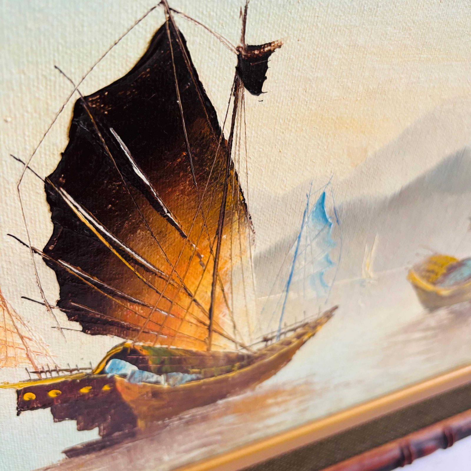 photo furniture Vintage Chinese Junk Boat Oil Painting Pair: 1960s Seascape, Faux Bamboo Frame