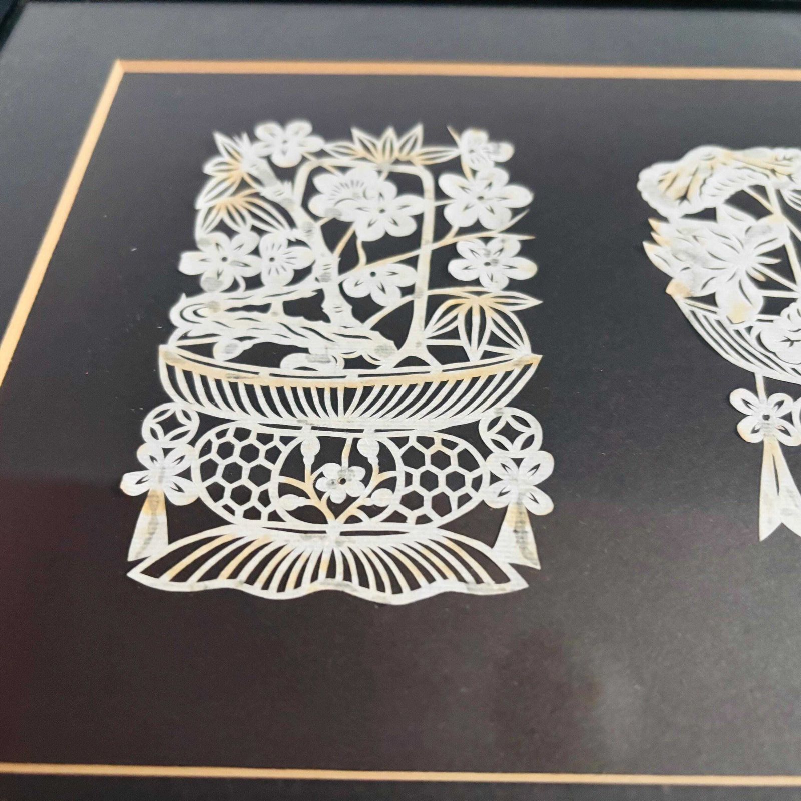 Mid Century Japanese Kirie Paper Cut Floral Art   Framed Set Of Four photo for sale
