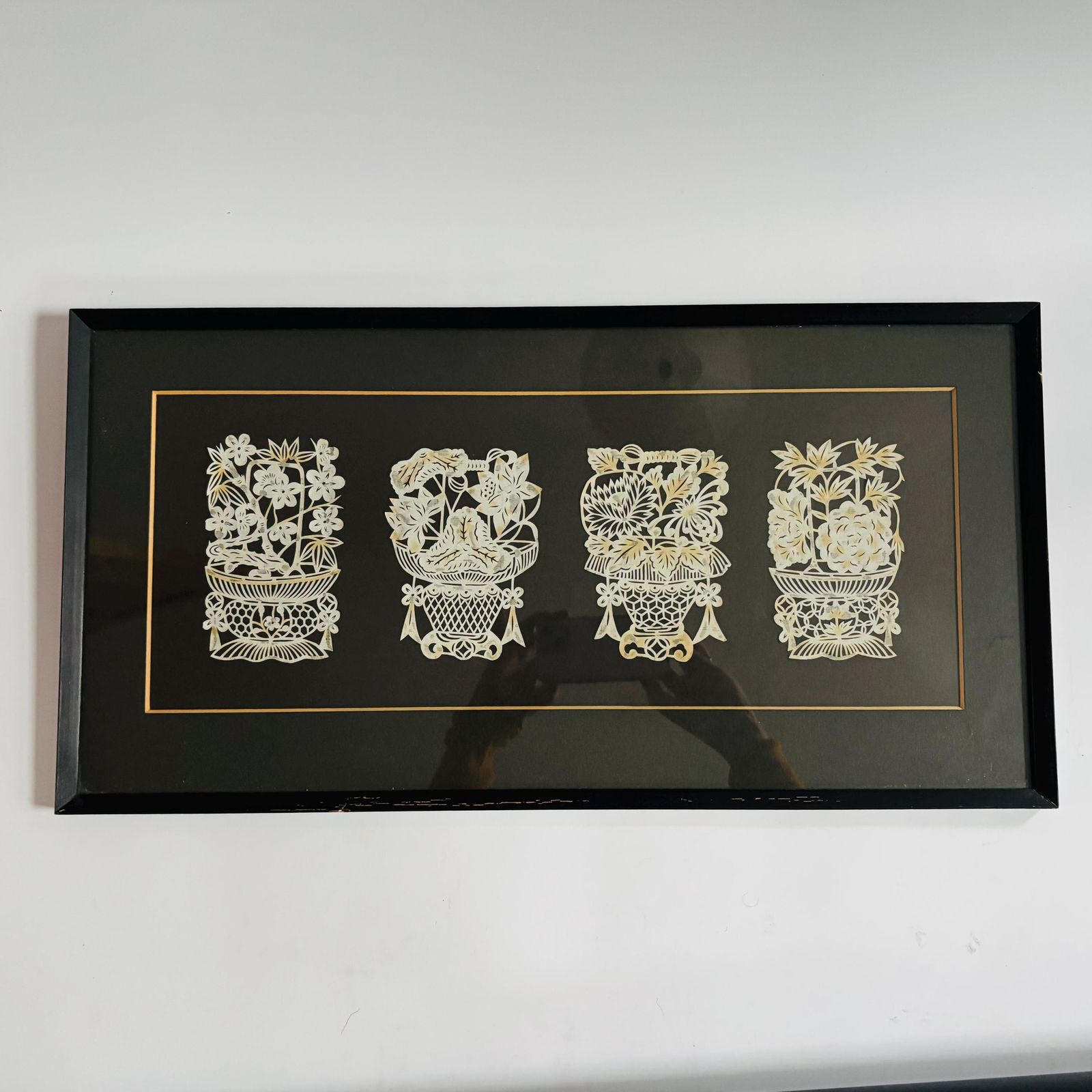 Mid Century Japanese Kirie Paper Cut Floral Art   Framed Set Of Four photo vinterior