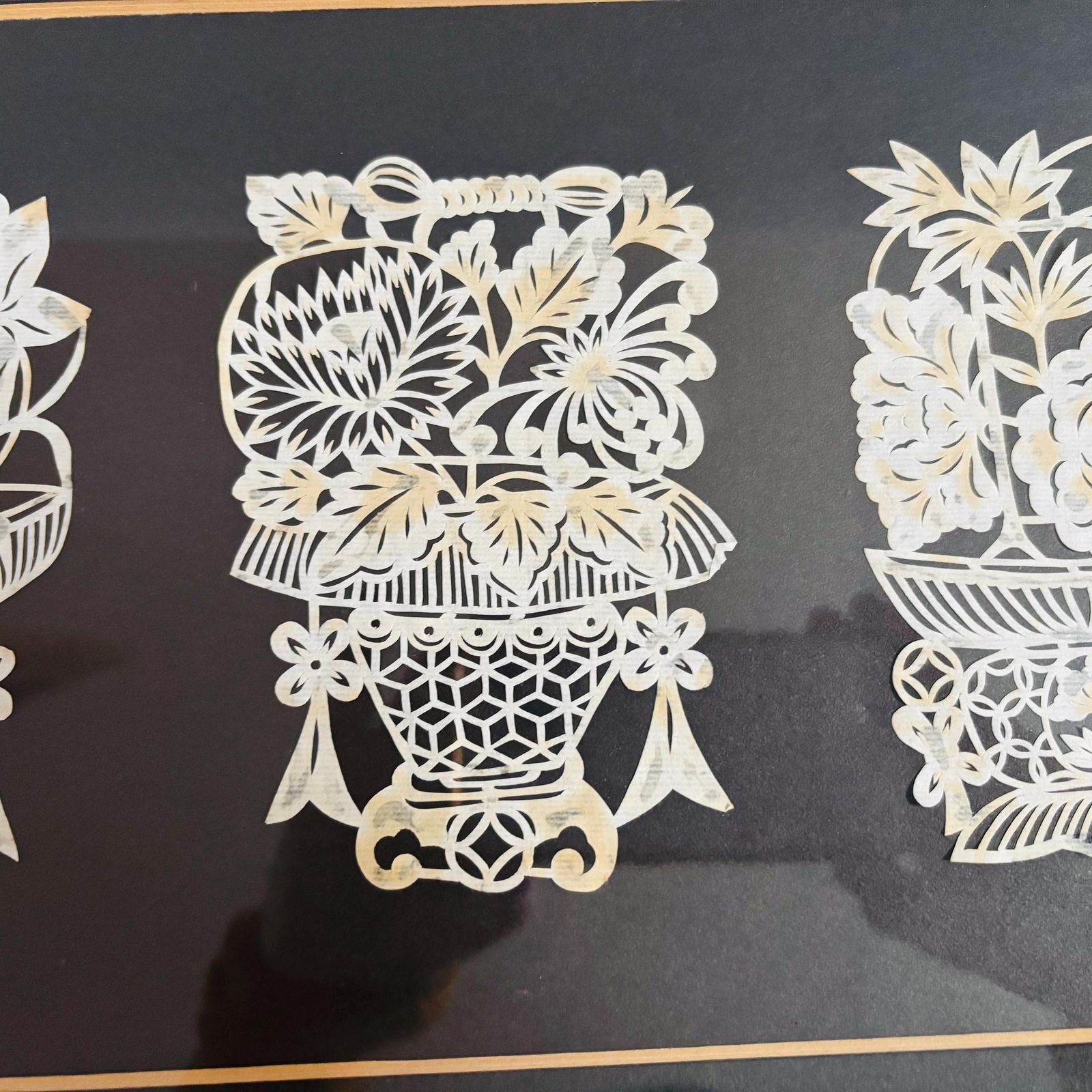 Mid Century Japanese Kirie Paper Cut Floral Art   Framed Set Of Four photo buy