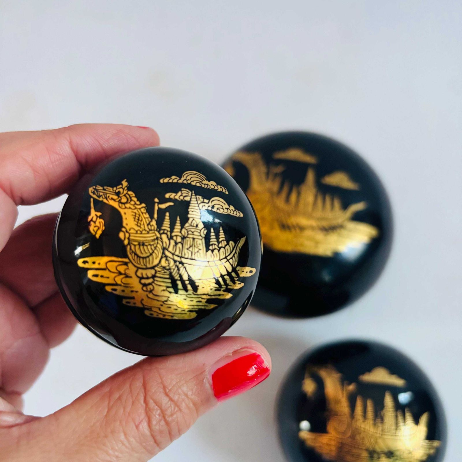 Vintage Burmese Lacquer Nesting Boxes | Gold Boat Motif, Myanmar Art photo Home Decor