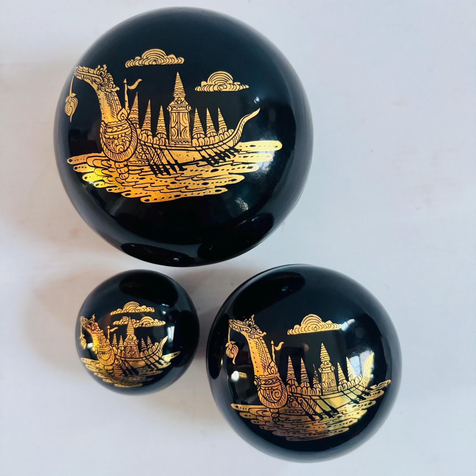 Vintage Burmese Lacquer Nesting Boxes | Gold Boat Motif, Myanmar Art photo vinterior