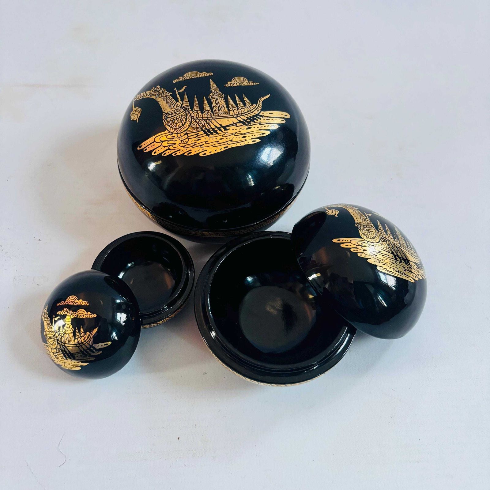 Vintage Burmese Lacquer Nesting Boxes | Gold Boat Motif, Myanmar Art photo buy