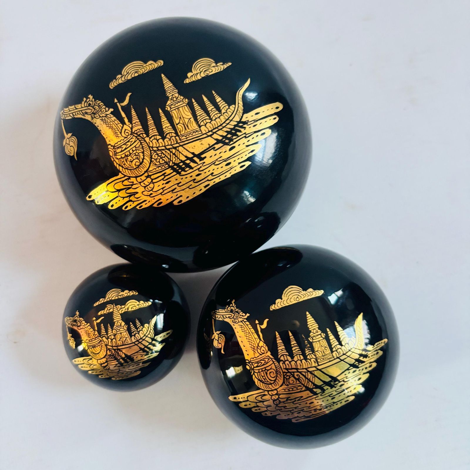 photo buy Vintage Burmese Lacquer Nesting Boxes | Gold Boat Motif, Myanmar Art