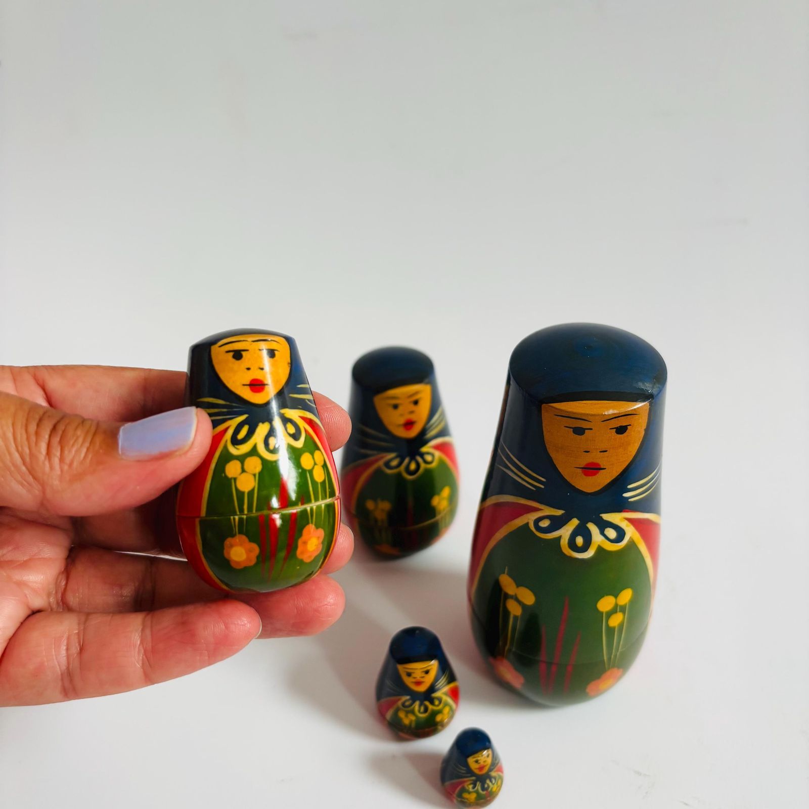 photo for sale Mid Century Russian Nesting Dolls, Set Of 5 Hand Painted Matryoshka