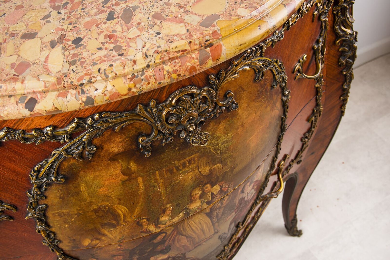 French Vernis Martin Bombe Commode With Breccia Marble & Ormolu, C.1880 photo vinterior