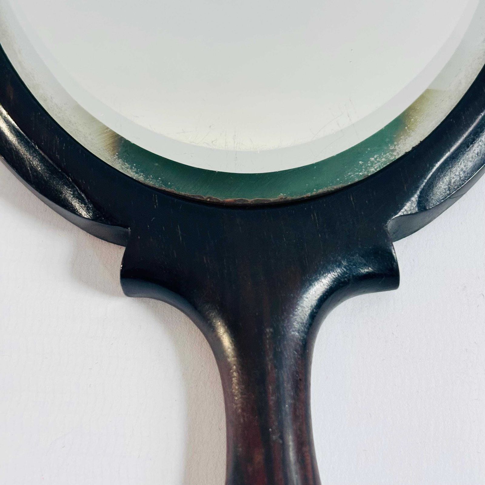 Home Decor Antique Ebonised Beech Wood Hand Mirror: 1890s 'M' Silver Initial Victorian Bevelled Glass photo