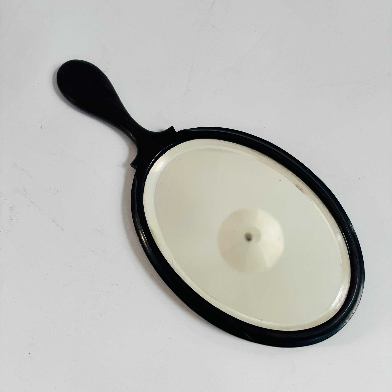 photo buy Antique Ebonised Beech Wood Hand Mirror: 1890s 'M' Silver Initial Victorian Bevelled Glass