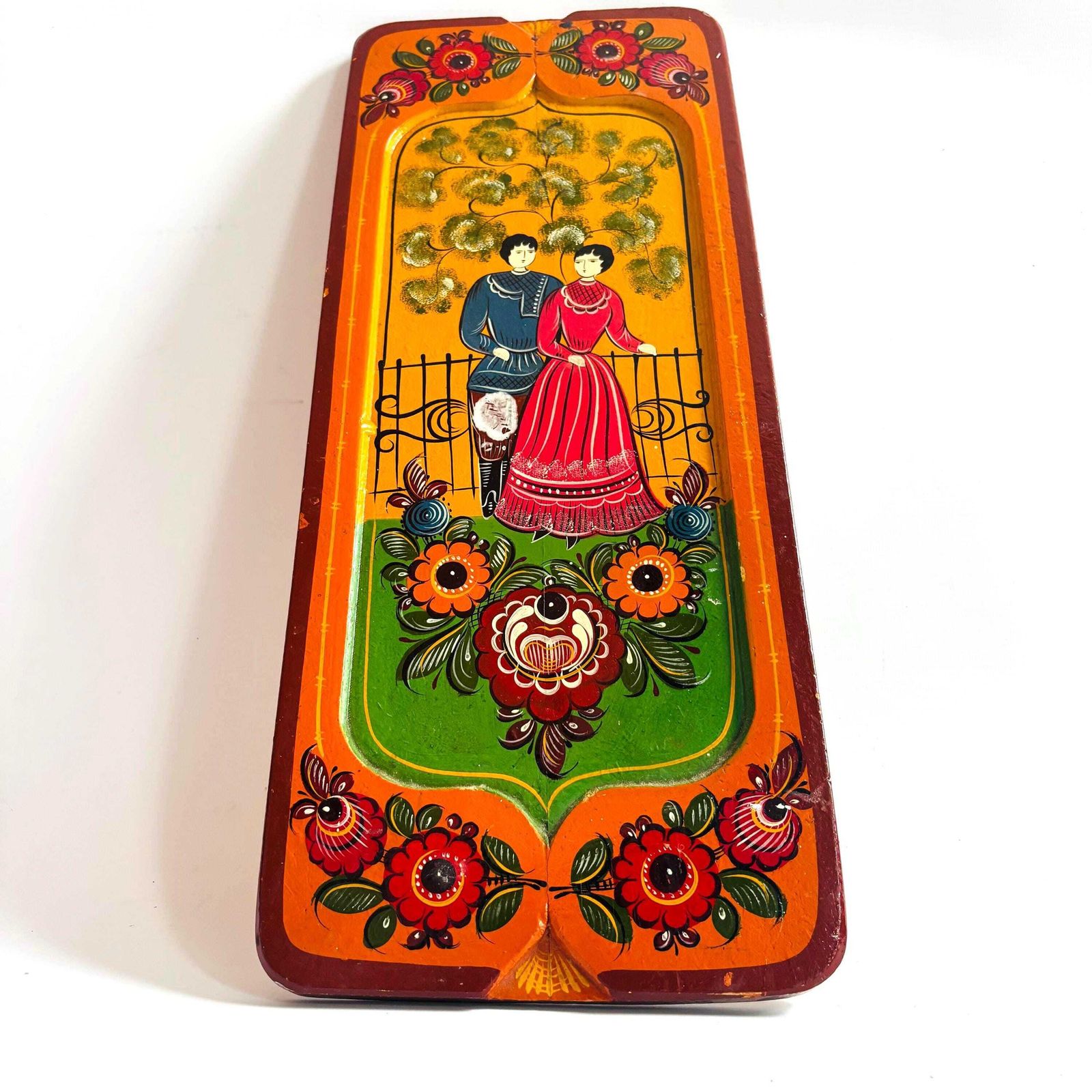 1960s Russian Folk Art Painting, Mid Century Naive Couple, Vibrant Colors