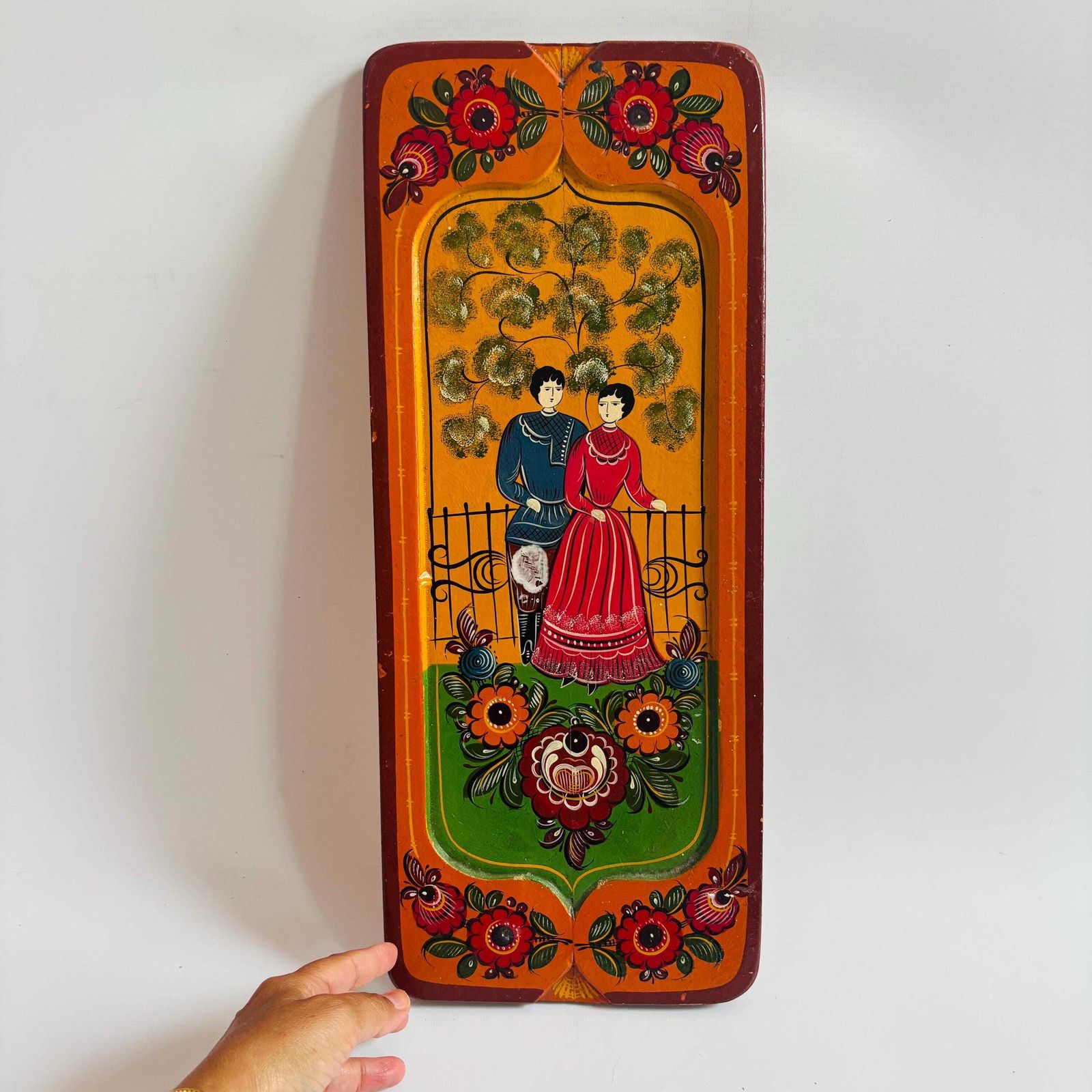 1960s Russian Folk Art Painting, Mid Century Naive Couple, Vibrant Colors photo for sale