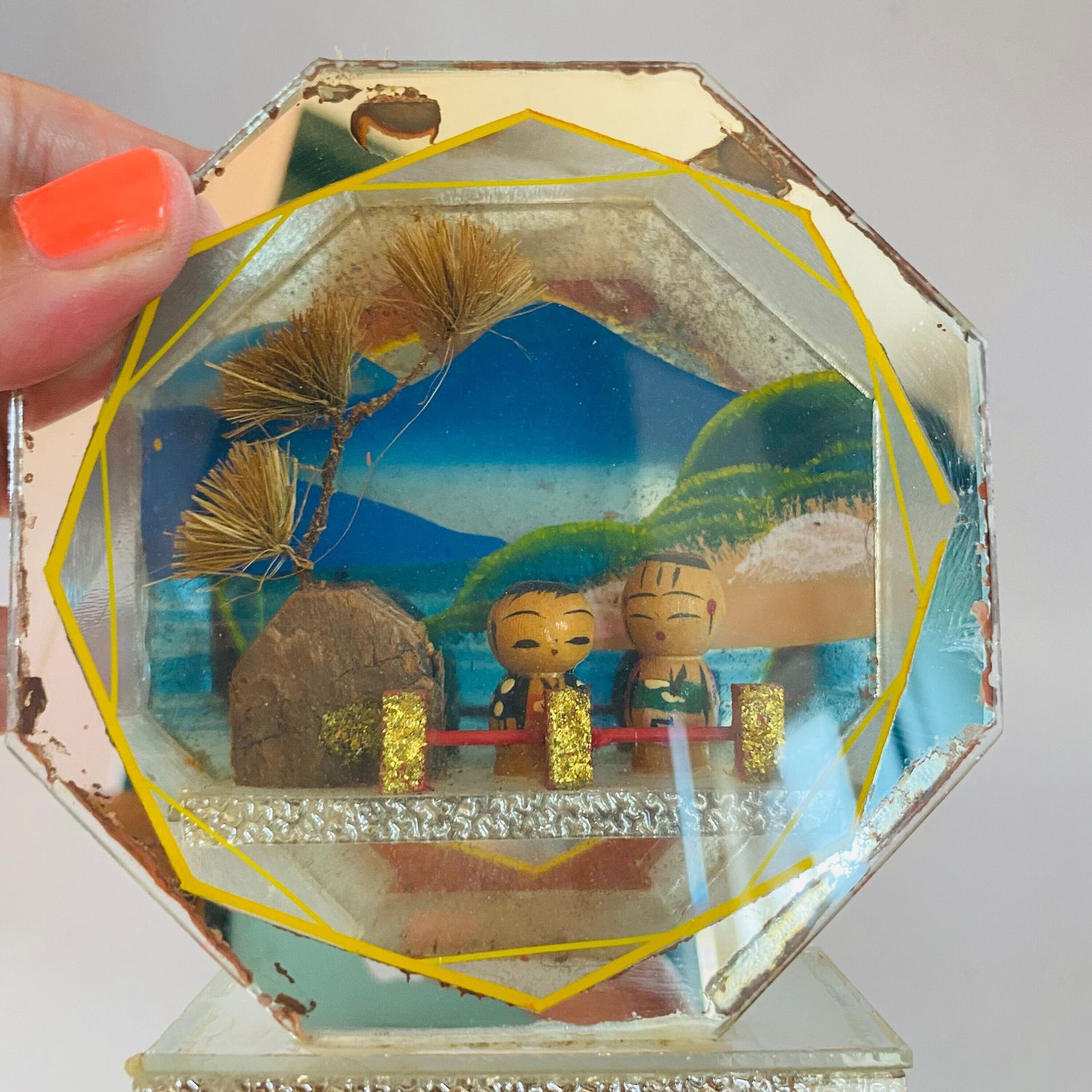 Antique Japanese Kokeshi Doll Diorama: Mirror Encased Folk Art