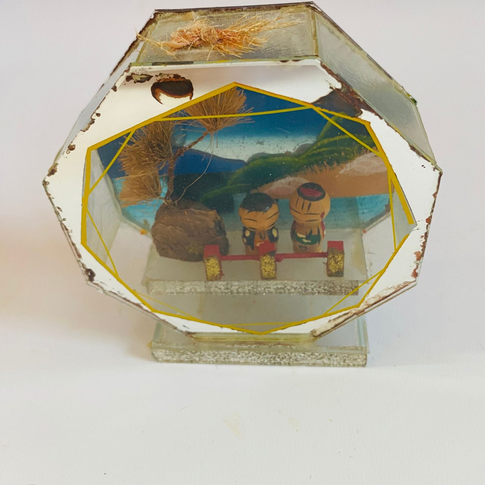 Antique Japanese Kokeshi Doll Diorama: Mirror Encased Folk Art photo for sale