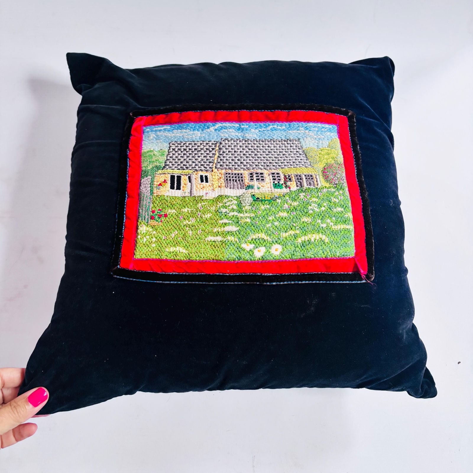 Handmade Folk Cushion Vintage Victorian 1920s Velvet And Tapestry Cottage Scene