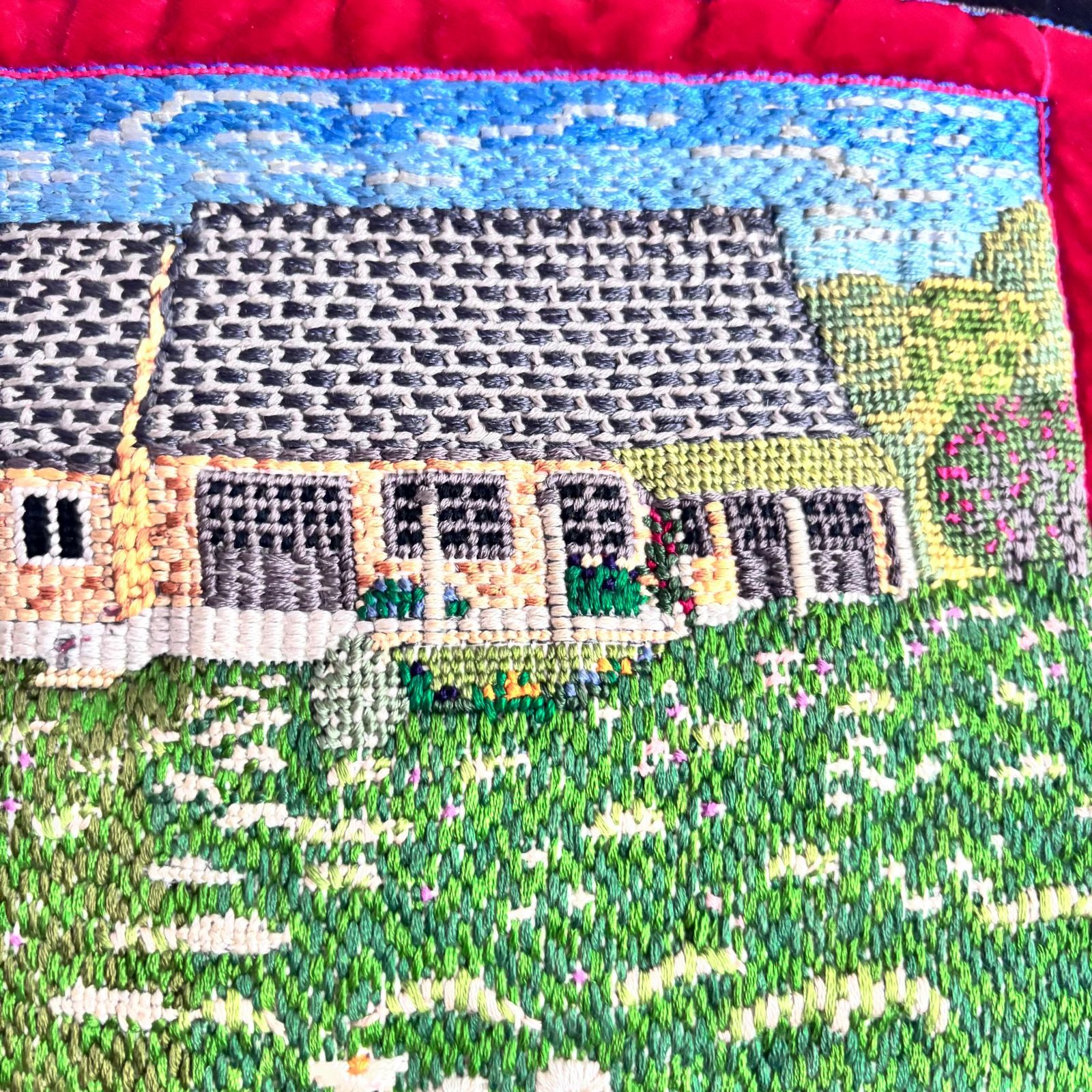82.0 Handmade Folk Cushion Vintage Victorian 1920s Velvet And Tapestry Cottage Scene photo