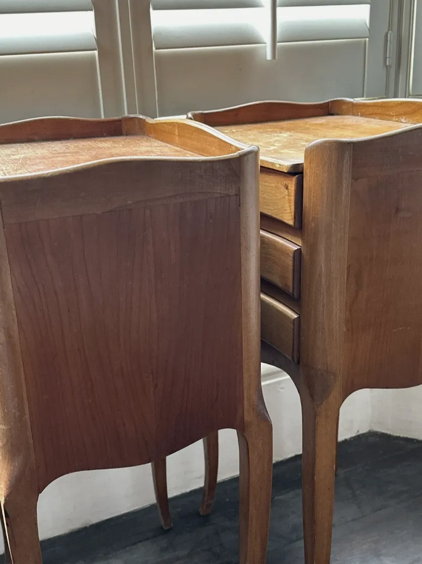 Antique Pair Fruitwood French Serpentine Bedside Tables Nightstands, C 1900 photo furniture