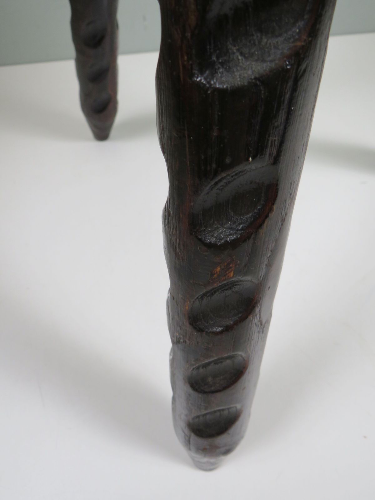 Vintage Spanish Brutalist Stool In Carved Wood And Leather Hide Upholstery, 1960s photo 320.0