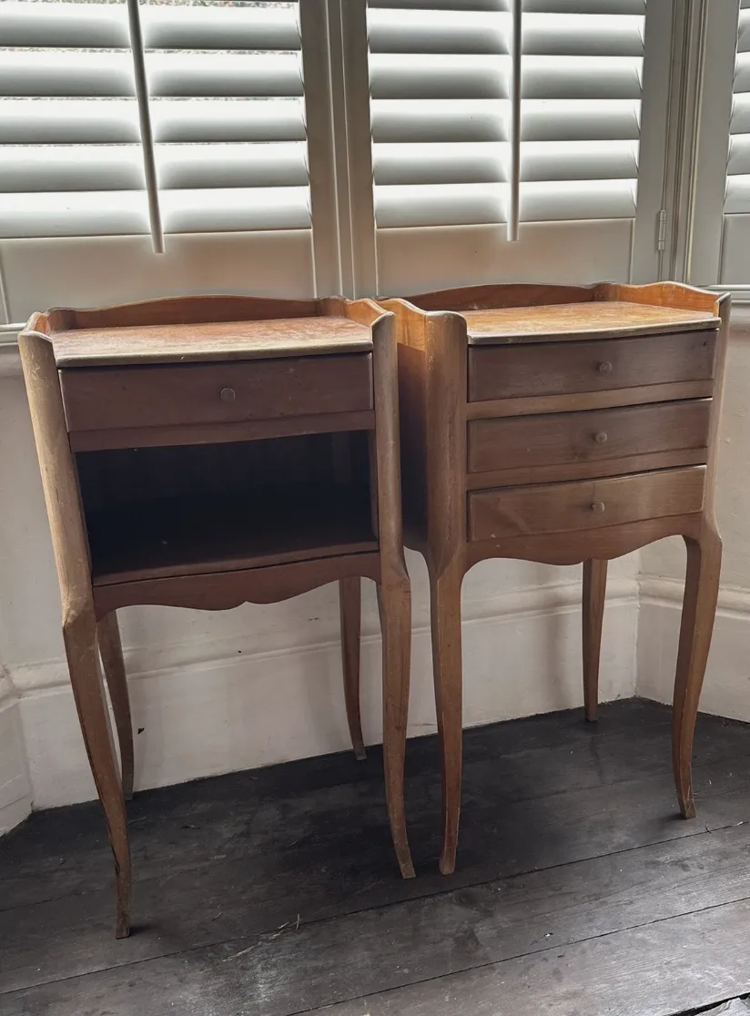 Antique Pair Fruitwood French Serpentine Bedside Tables Nightstands, C 1900 photo Furniture