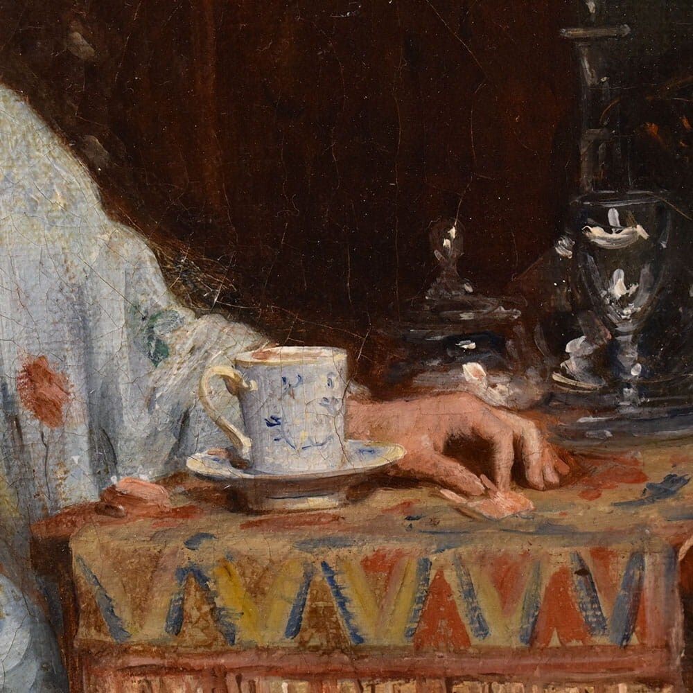 Antique Woman Portrait Painting And Cat, Interior Scene, Oil On Canvas, XIX Century. photo buy