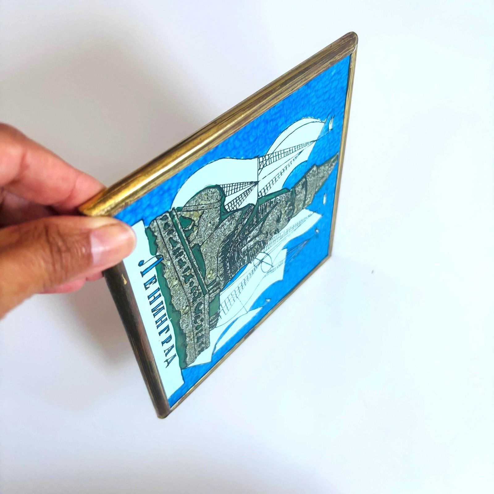 Vintage 1977 Leningrad Enamel Tile, Egyptian Sphinx Brass Art. photo vinterior