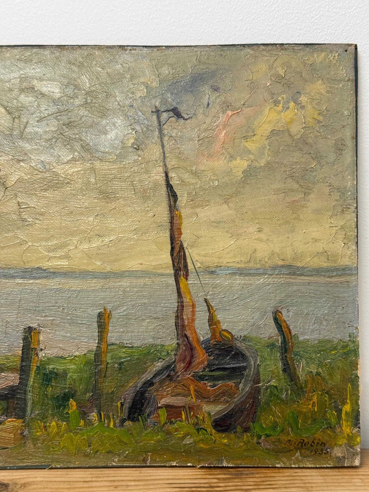 Vintage Boat On Doel Harbour Oil Painting, 1935 photo furniture