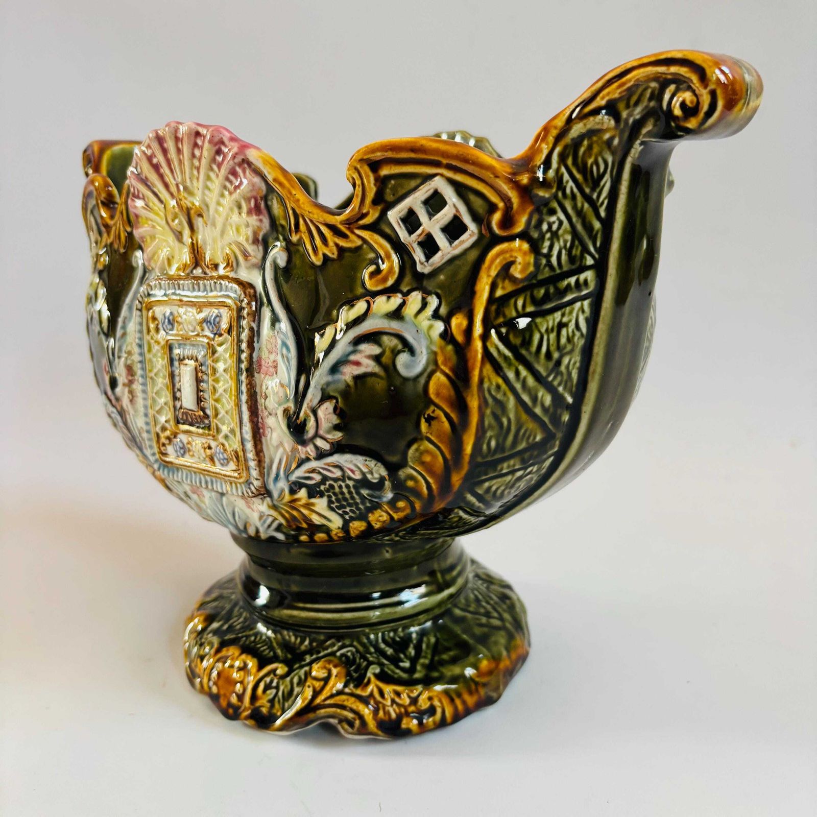 Antique Majolica Jardiniere: European Glazed Earthenware Vase, 19th Century photo furniture