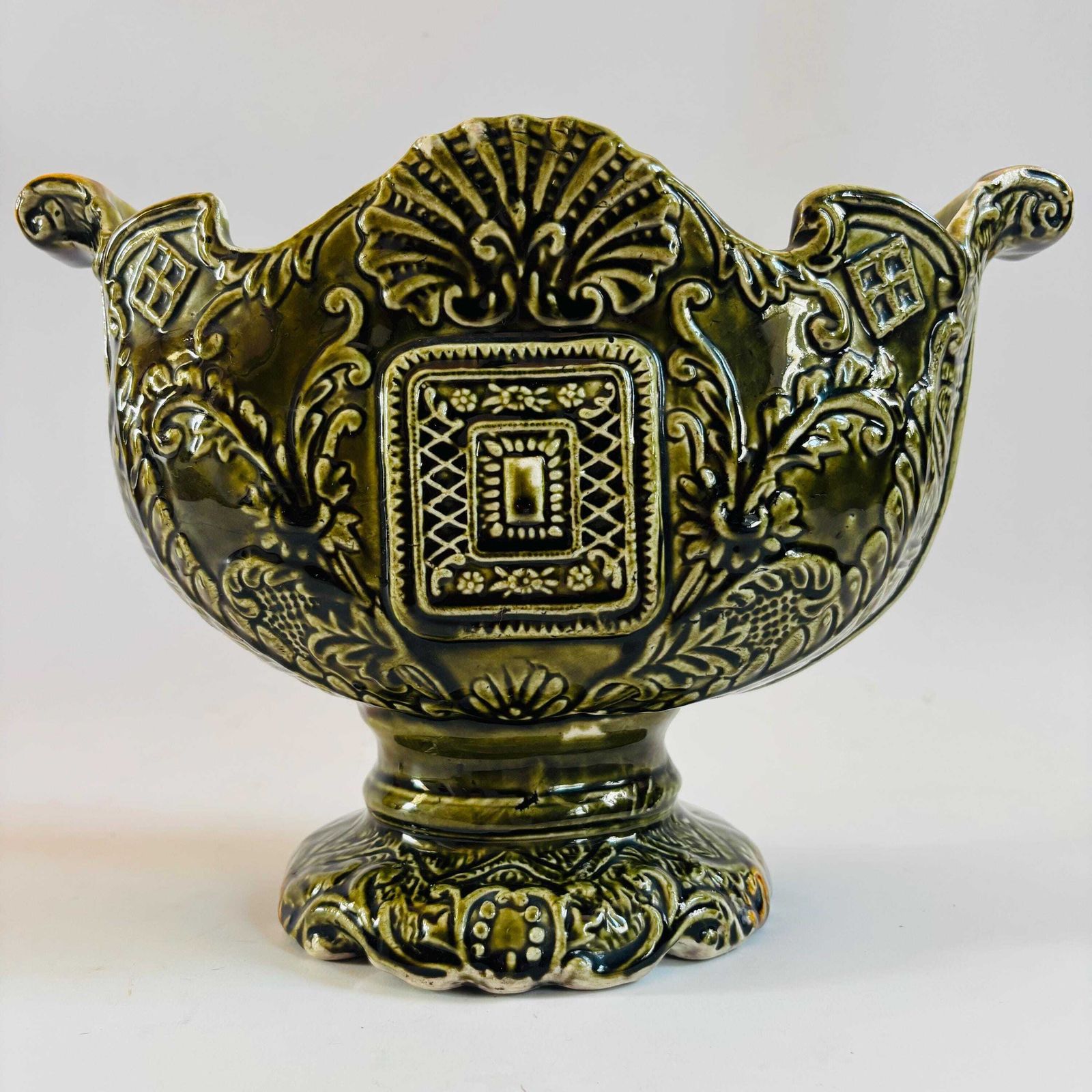 Antique Majolica Jardiniere: European Glazed Earthenware Vase, 19th Century photo for sale