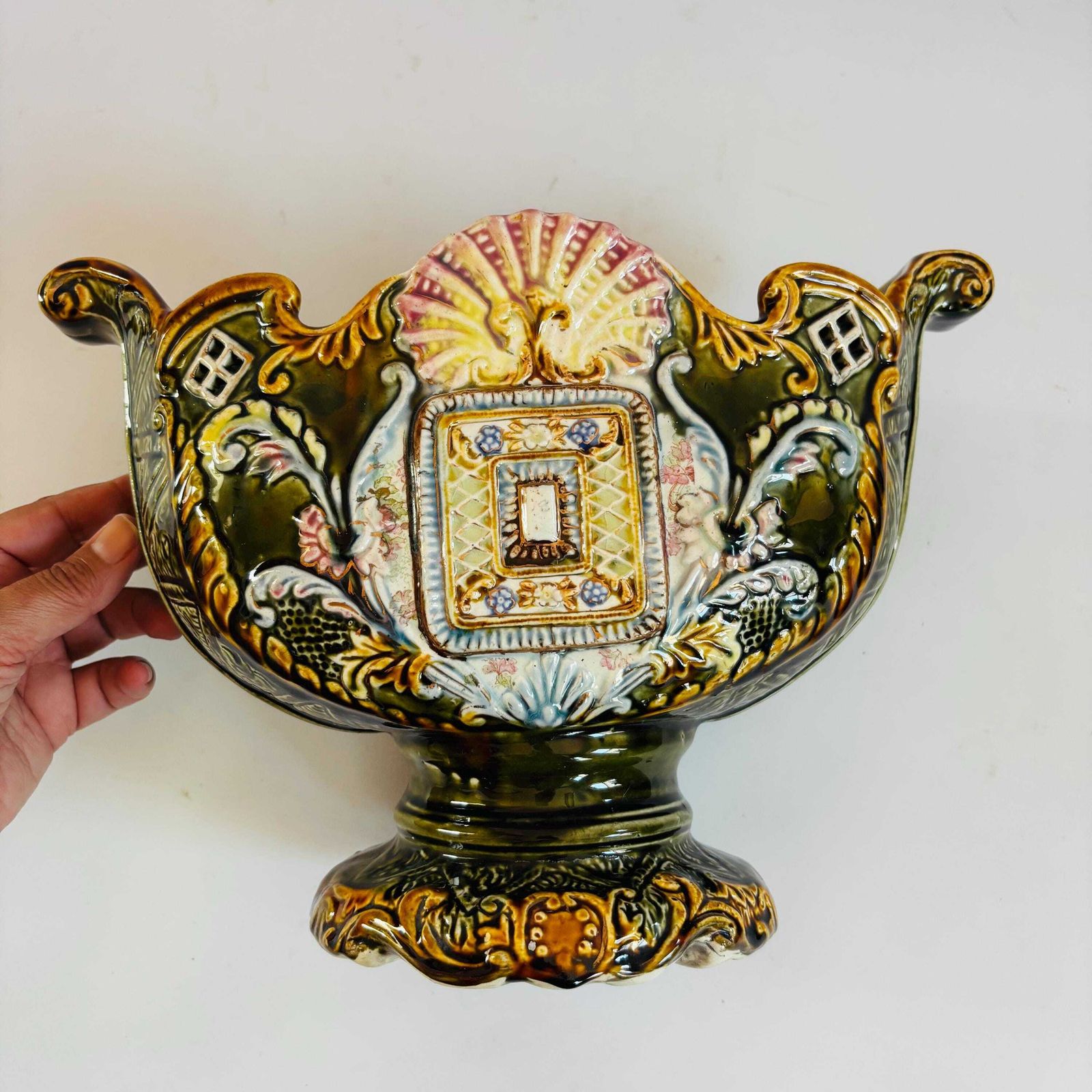 photo for sale Antique Majolica Jardiniere: European Glazed Earthenware Vase, 19th Century