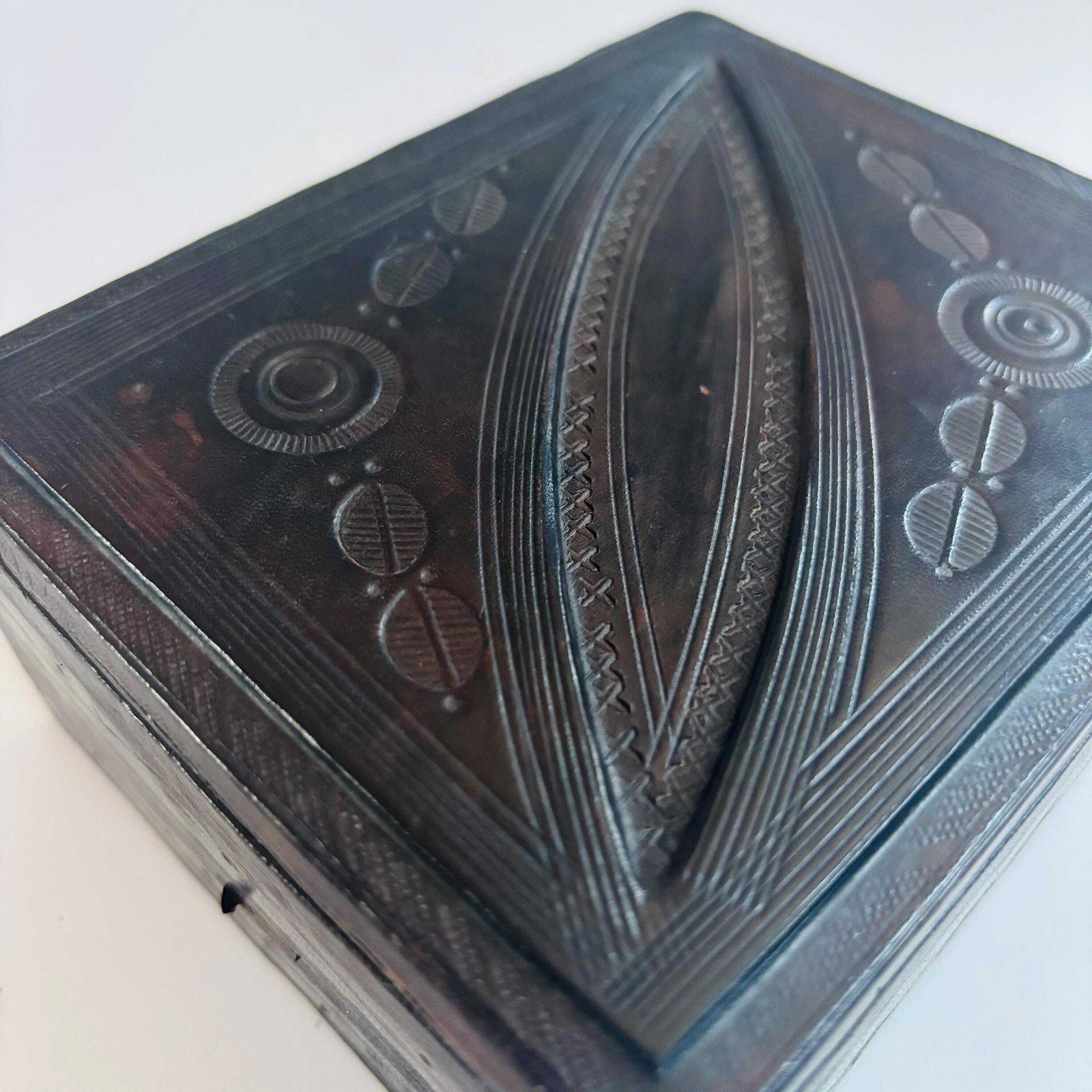 Vintage Tuareg Leather Box: Mid Century African Tribal Art photo vinterior
