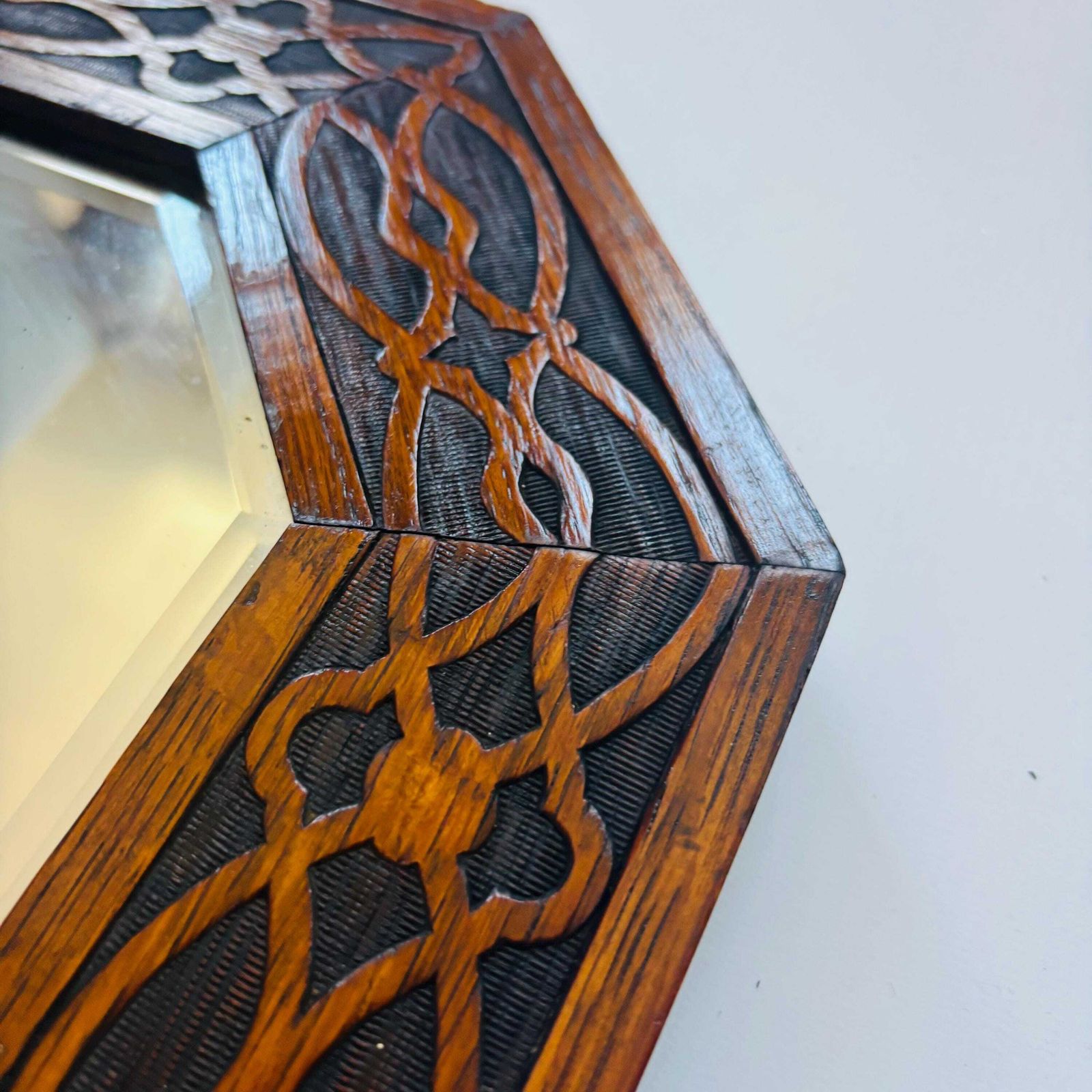 Rare Art Nouveau Mahogany Bevelled Mirror: Hand Carved Liberty Style photo for sale