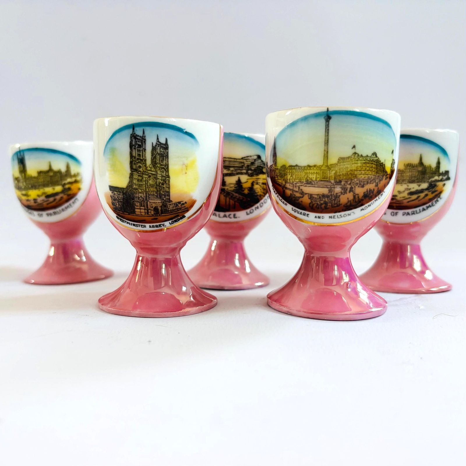Antique Pink Lustre Porcelain Egg Cups: Victorian London Landmarks, Set Of 5