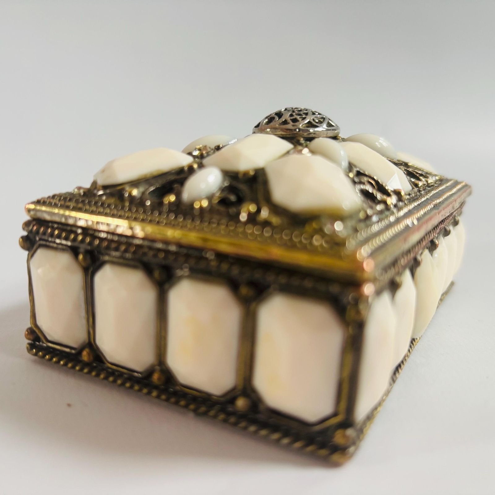 Vintage Art Deco Trinket Box: Bronze Brass Enamel With Stones photo vintage
