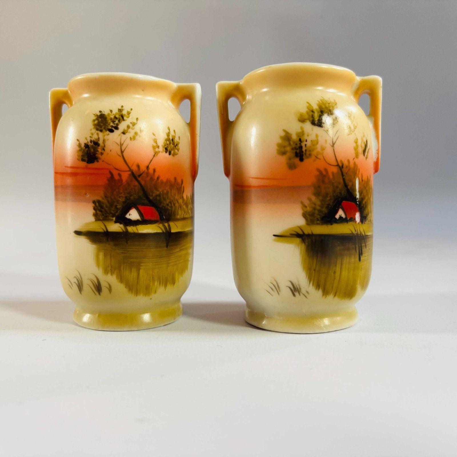 Antique Noritake Miniature Vases: Hand Painted Japanese Porcelain Urns photo furniture