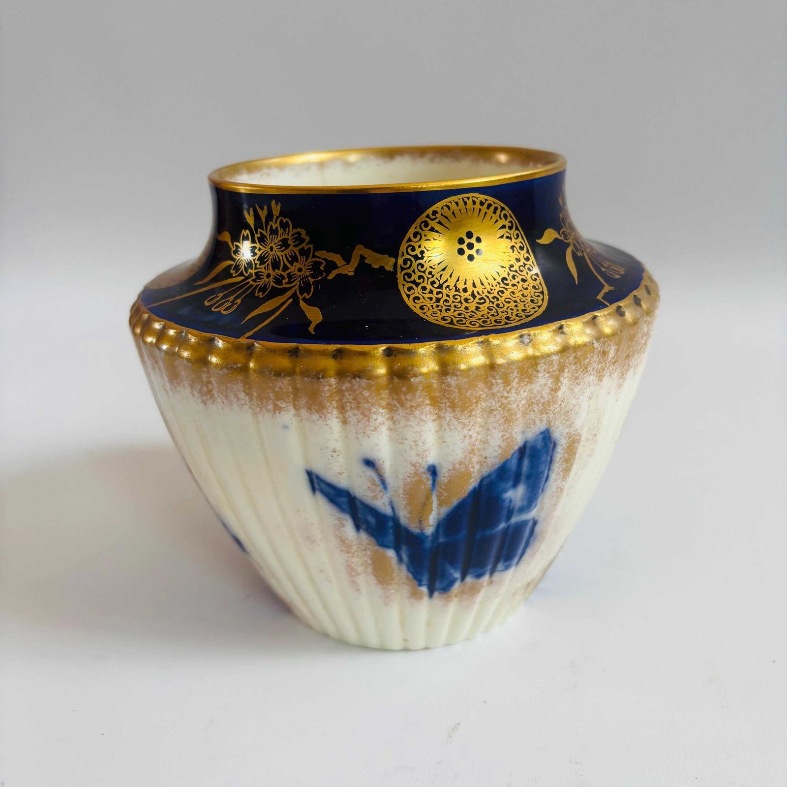 Victorian Doulton Flow Blue & Gold Urn: 1900s Burslem England Pomegranate Decor.