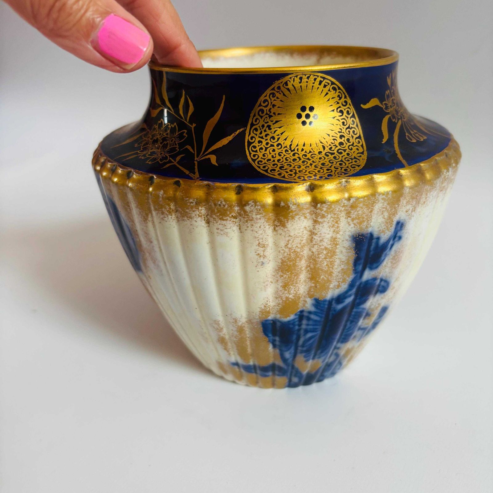 photo furniture Victorian Doulton Flow Blue & Gold Urn: 1900s Burslem England Pomegranate Decor.