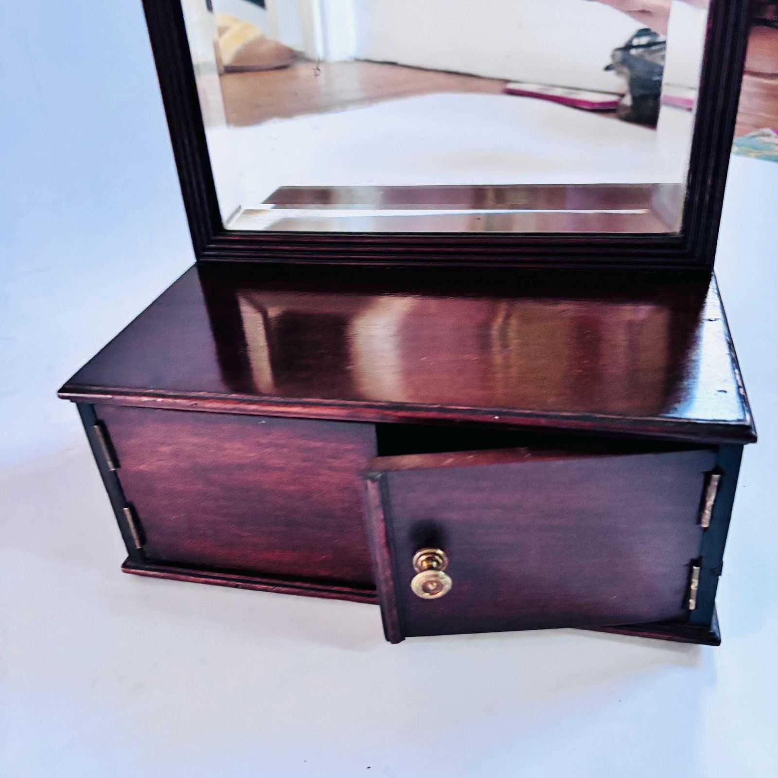 photo for sale Antique Georgian Revival 1880 1910 Mahogany Bevelled Dressing Table Mirror With Cupboard   Door Ajar