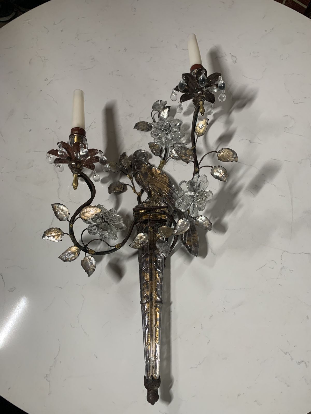 1930's French Gilded Iron   Crystal Bird Sconces In Very Good Condition photo 1990.0