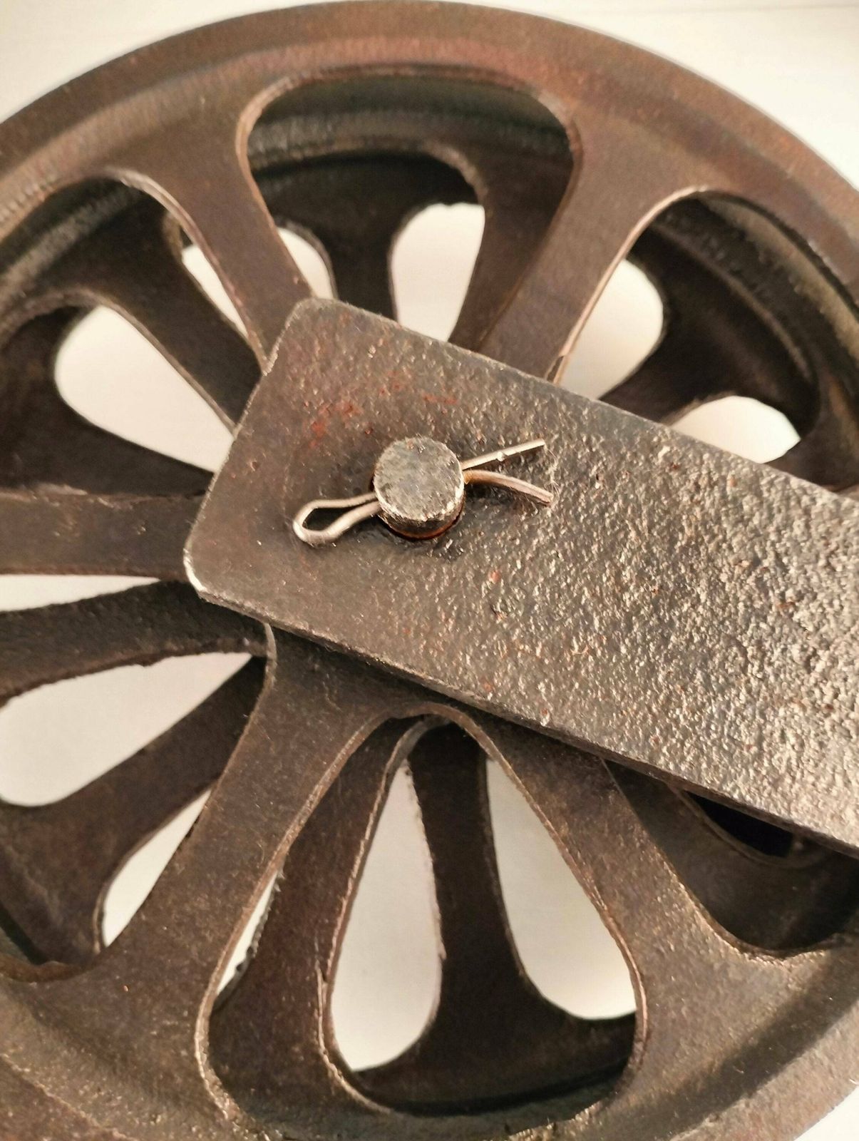 photo furniture French Antique Three Wheel Pulley, Vintage Industrial Heavy Pulley, Industrial Farm Vintage Steel Pulley