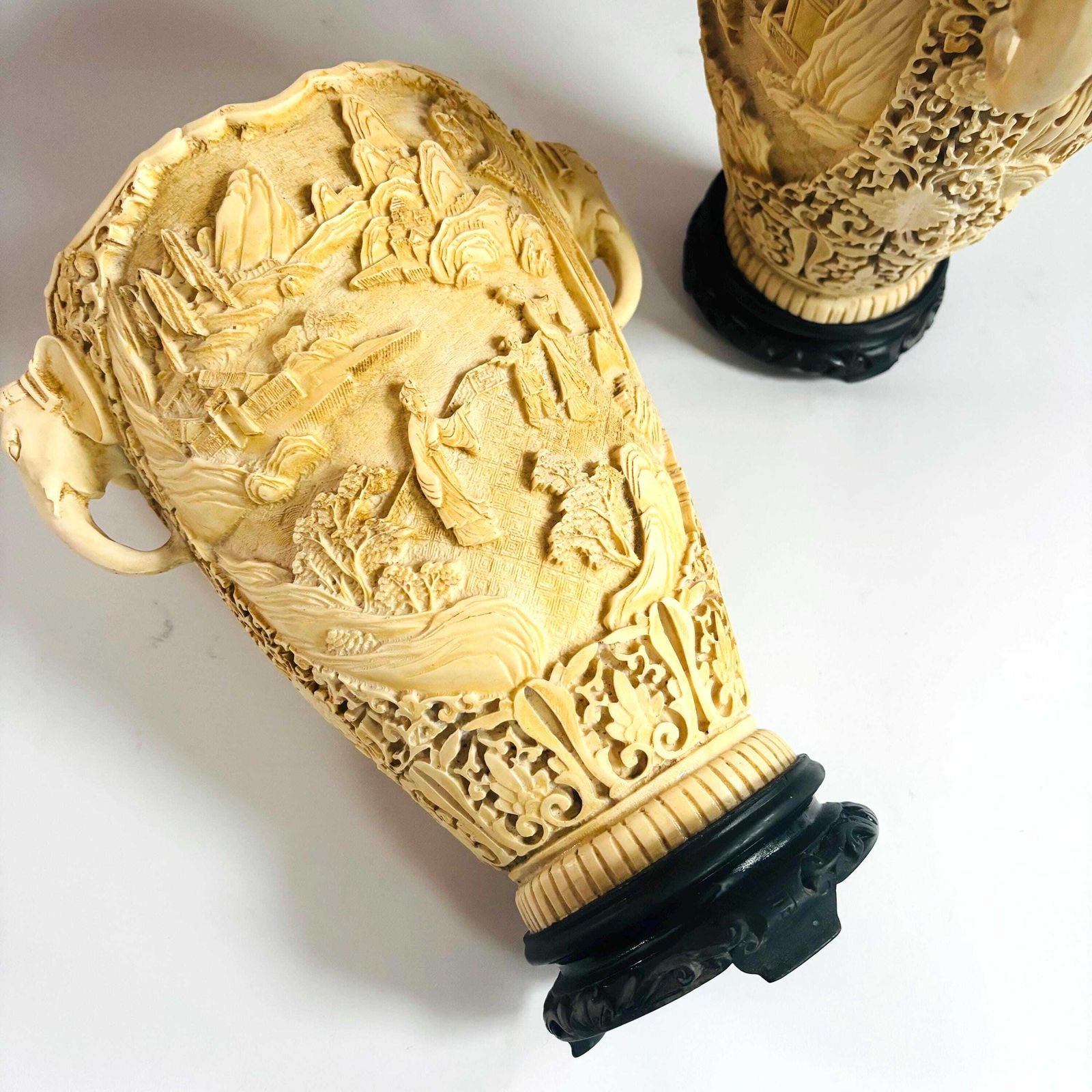 1950s Chinese Chinoiserie Resin Vases: Elephant Handles, Pagoda Scene. photo Home Decor