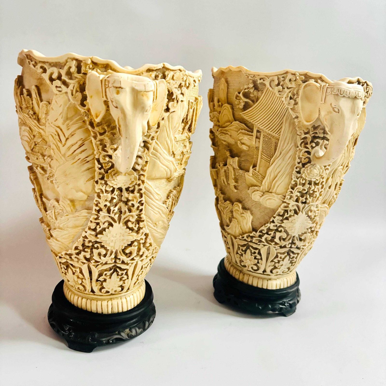 1950s Chinese Chinoiserie Resin Vases: Elephant Handles, Pagoda Scene. photo vinterior