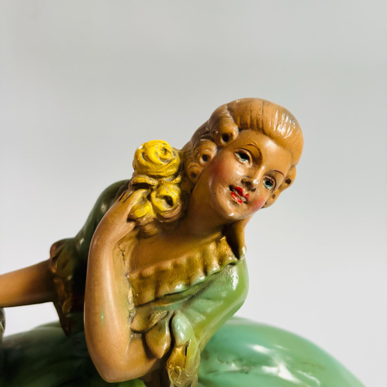 Vintage 1939 Chalkware Lady Figurine: Art Deco Victorian Style. photo furniture