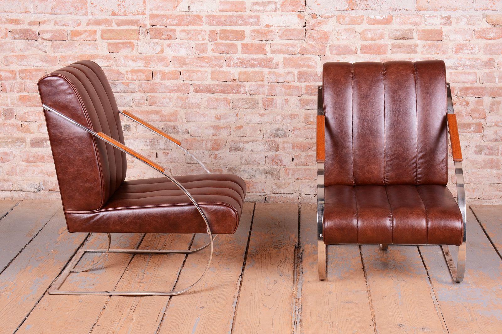 Pair Of Restored Bauhaus Armchairs, Leather, Nickel, Steel, Oak, Czech, 1920s photo for sale