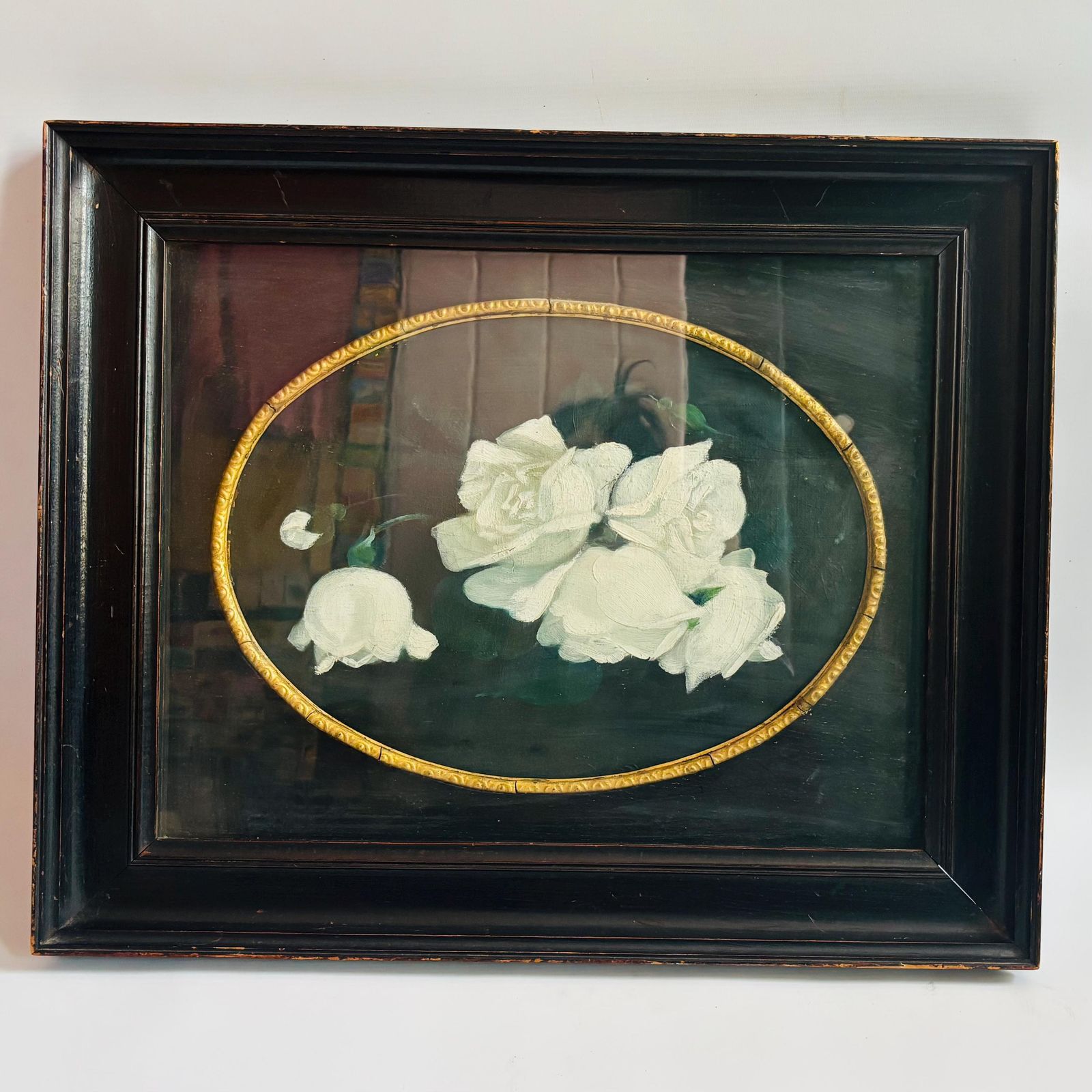 Antique Victorian Oil Painting: White Rose Bouquet, Oval Gold Frame Glasgow Scotland 1800s. photo furniture
