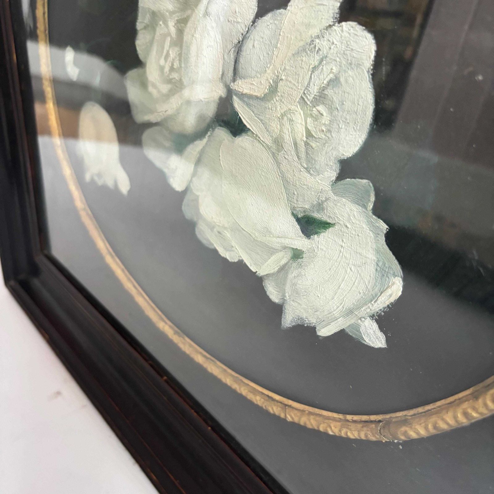 Antique Victorian Oil Painting: White Rose Bouquet, Oval Gold Frame Glasgow Scotland 1800s. photo buy