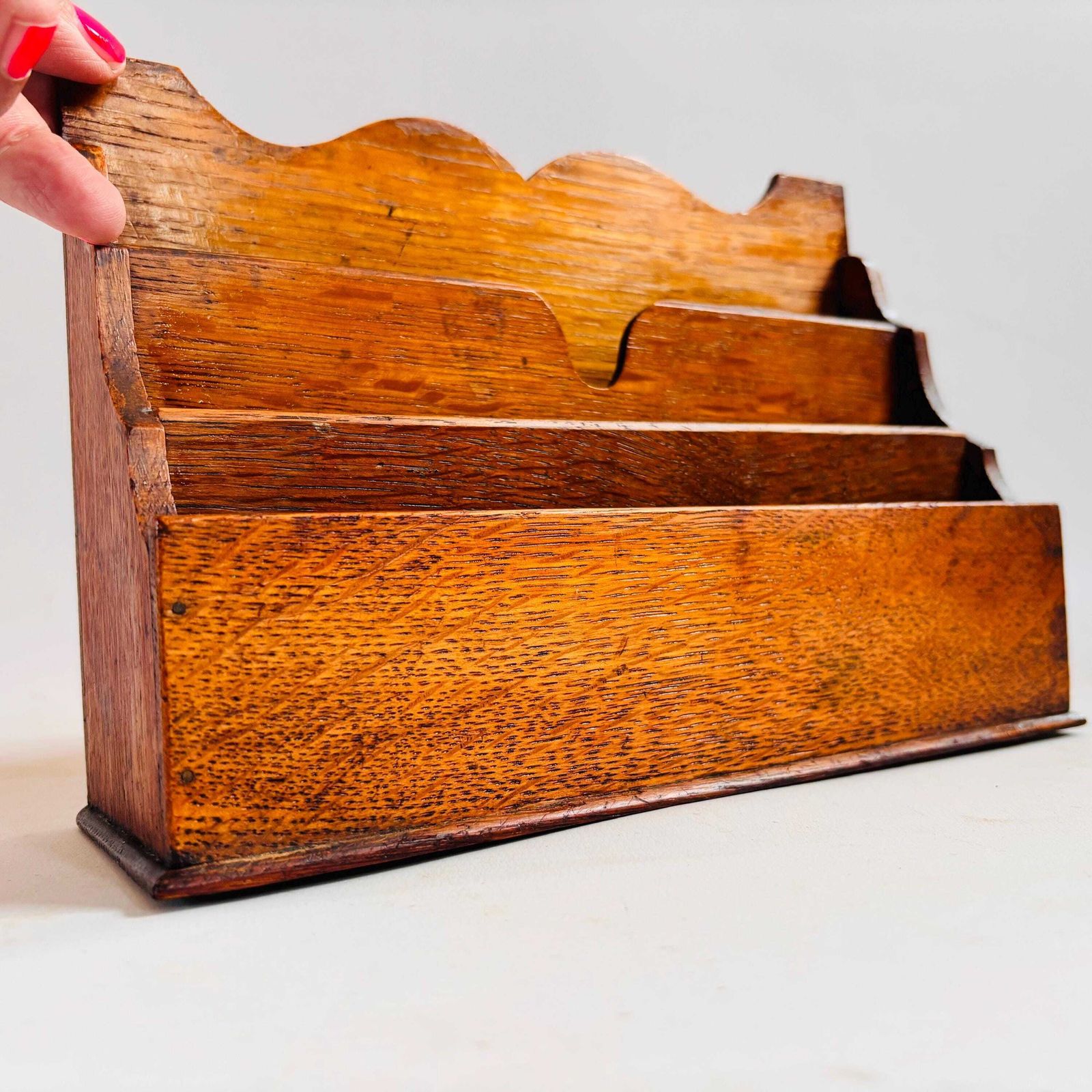 Antique Oak Letter Rack | Small Edwardian Desk Organiser | Solid Oak Mail Holder photo furniture