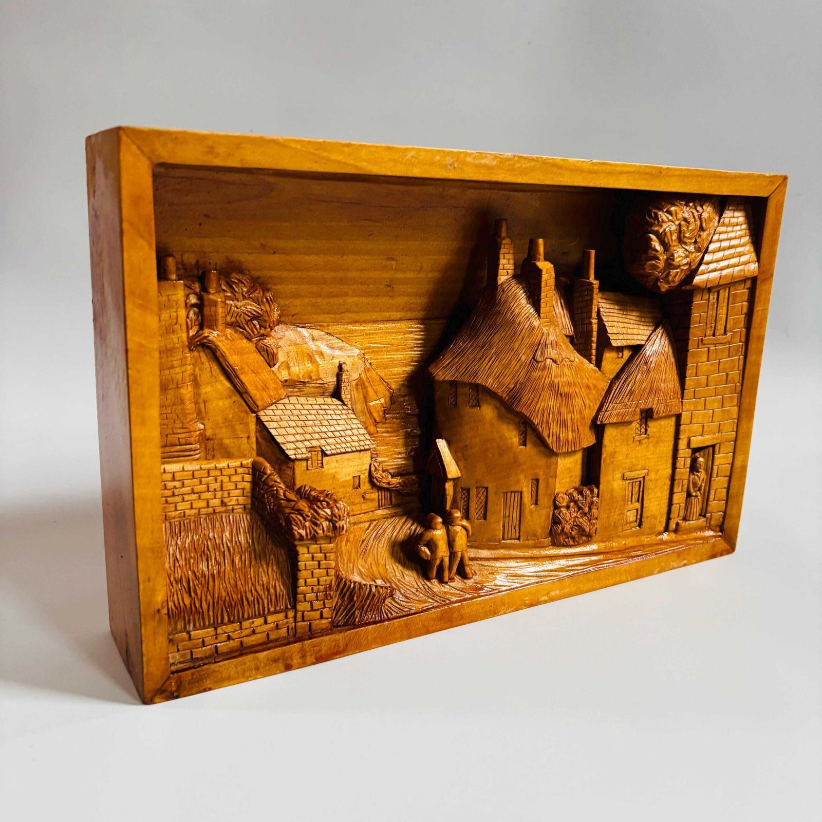 Antique Hand Carved Cherry Wood Village Relief: Medieval Folk Art photo for sale