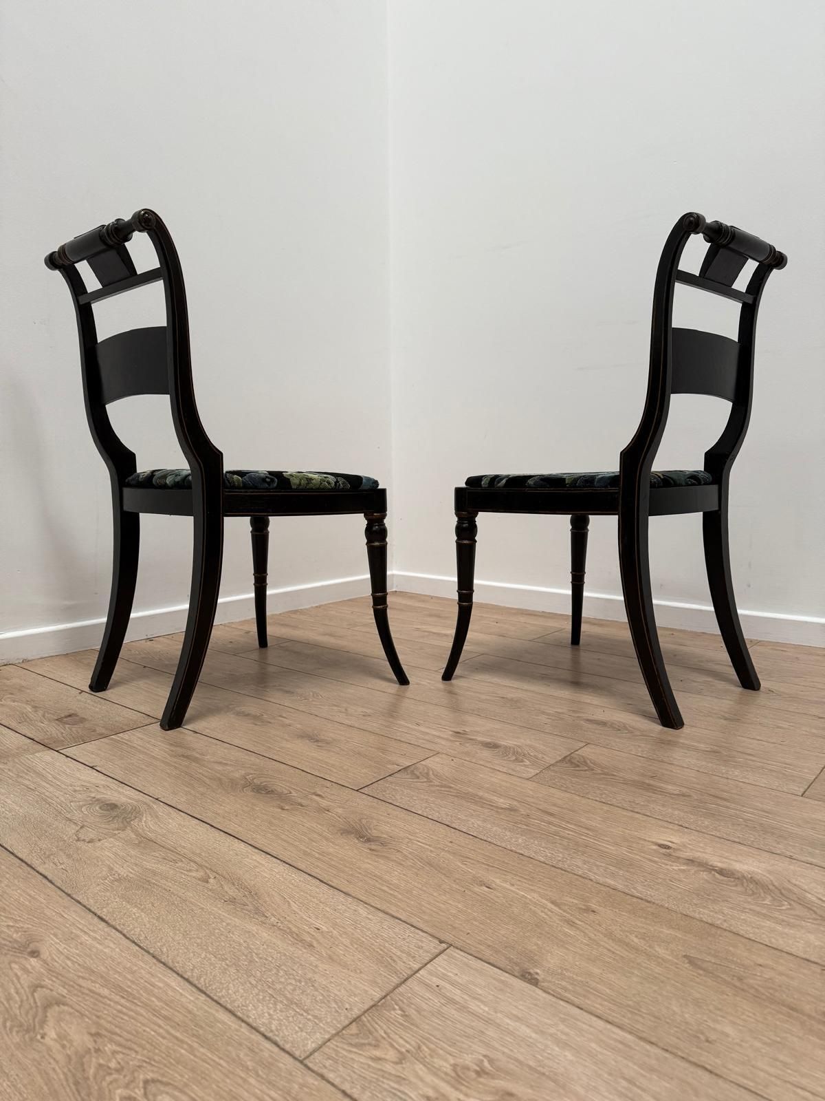 photo furniture Exquisite 19th Century Pair Regency Ebonized & Gilt Hand Painted Side Chairs 0169.