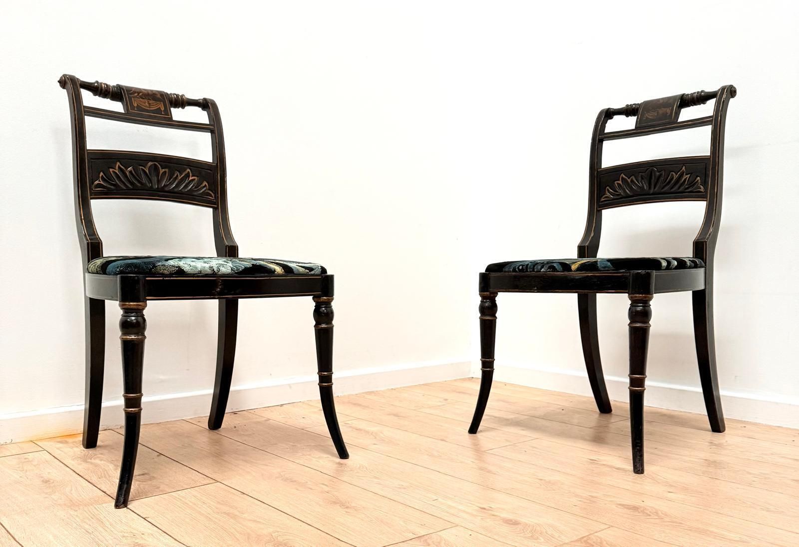 Exquisite 19th Century Pair Regency Ebonized & Gilt Hand Painted Side Chairs 0169.
